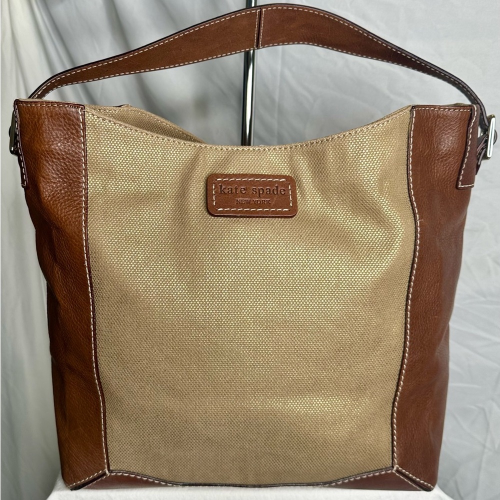 KATE SPADE Brown Leather Gold Canvas Shoulder Tote Bucket Market Carryall Bag